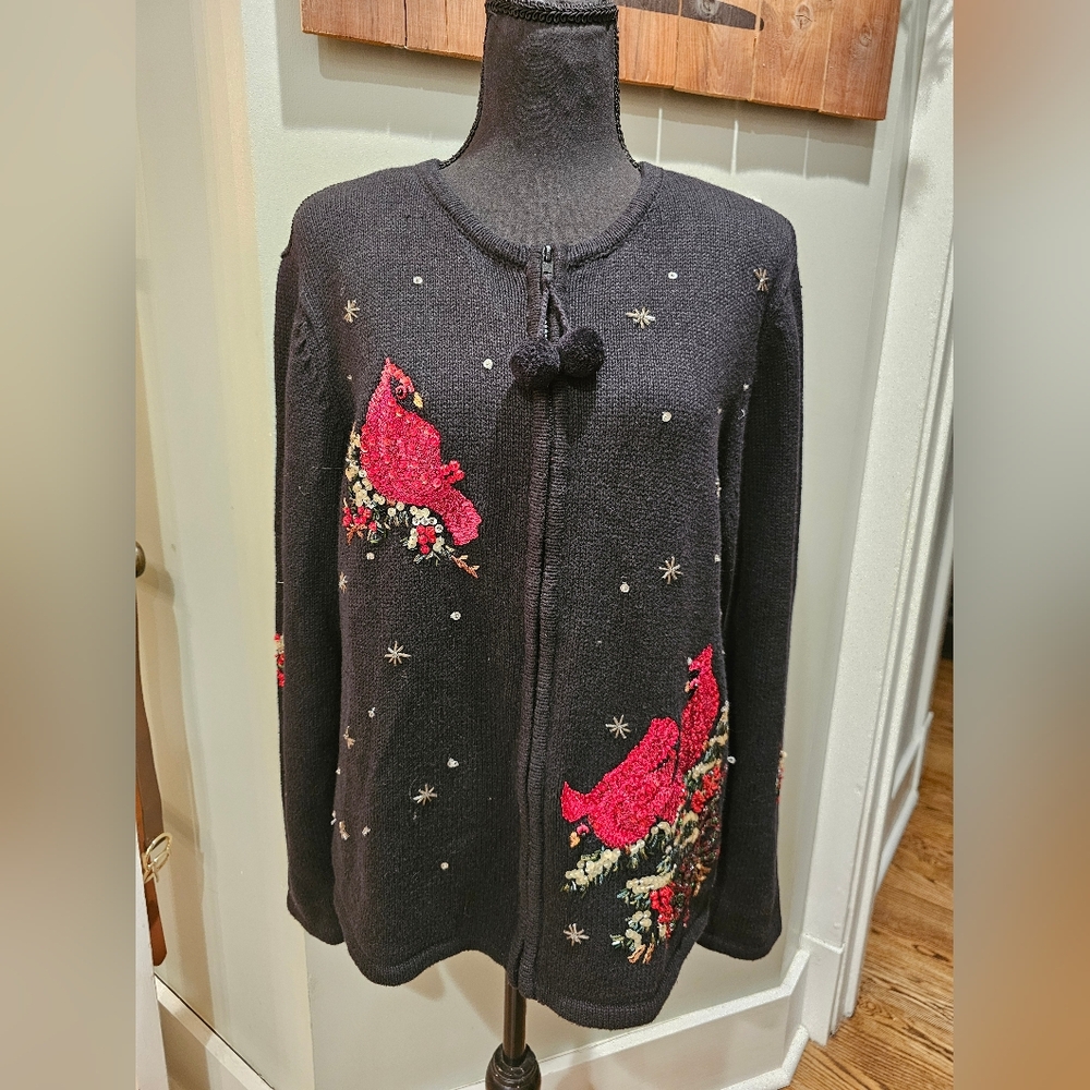 Tiara International Women's Black and Red Embroidered Christmas Sweater